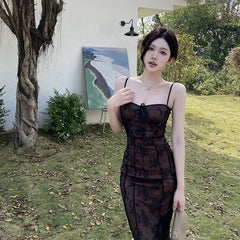 Lunivop Retro Floral White Lace Mermaid Long Dresses for Women Summer Fashion Sexy Backless Spaghetti Strap Split Party Prom Dress