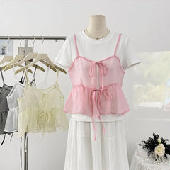 Lunivop Korea Chic Bow Lace Up Layering Ropa Mujer Ruffles Two Wear All-match Shirts Short Slim Exquisite Literary Simple Blusas