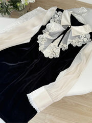 Lunivop Elegant France Velvet Mini Dress Women's Vintage Lace Patchwork Long Sleeve Slim Vestidos Autumn Winter Birthday Party Dresses