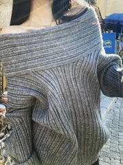 Lunivop Sexy Vintage Grey Sweaters Women Off Shoulder Korean Style Jumper Elegant Slash Neck Harajuku Long Sleeve Pullovers