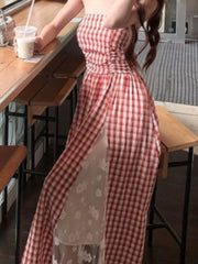 Lunivop French Plaid Spliced Lace Strapless Dress Women's 2025 Spring Summer New Retro Waist Hugging Design Niche Long Vestidos New