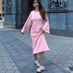 Lunivop Long Sleeve Knitting Backless Lace Up Long Ruffles Casual Dress New Manufacturer Solid 2024 New Y2K Clothing