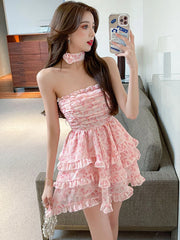 Lunivop Women Pink Chiffon Print Chic Ruffled Pleated Bodycon Dress Summer Elegant Chest Wrapping Dress 2025 Korean Fashion Casual Dress