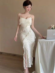 Lunivop White Lace Jacquard Chic Ruffled Casual Long Dress Women Elegant Beach Style Sling Dress Summer Korean Fashion Party Dress