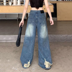 Lunivop Summer High Waist Ripped Denim Pants Women American Retro Streetwear Y2K Wide Leg Jeans Loose-Fit Slimming Straight Pants
