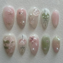 Lunivop 24pcs Summer Sweet Pink Roses Flower Medium Long Almond Nail Art Nails Set Press on Acyrlic Fake Nails Set Nail Tips with Charms