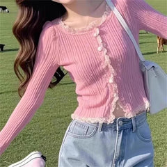 Lunivop Korean Fashion Lace Spring New Knitted Sweater Cardigan Short Slim Lace Long-sleeved Basic Top Pink Cardigan Clothes Tops