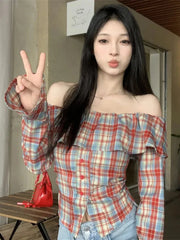 Lunivop Ruffles Off Shoulder Plaid Shirt Women Flare Sleeve Slim Sexy Slash Neck Blouse Korean Vintage Female Sweet Elegant Tops