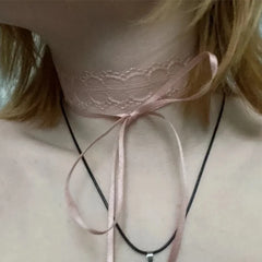 Lunivop New Goth Y2K Lovely Girl Choker New Korea Fashion Cute Pink Color Lace Bow Necklace For Women Charm Wedding Birthday Jewelry