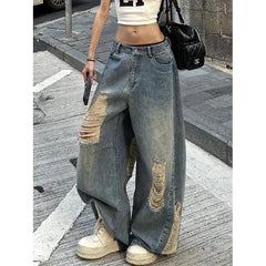 Lunivop Women's Baggy Ripped Jeans Harajuku Vintage Denim Trousers Japanese 2000s Style Grunge Hip Hop Y2k Jeans Pants Oversize Clothes