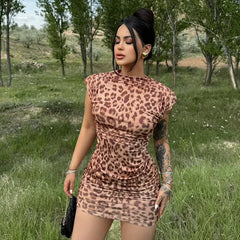 Lunivop Women's sexy leopard print round neck sleeveless hip wrap short dress women's summer new