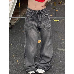 Lunivop Black Womens Jeans High Waist Vintage Design Hip Hop Straight Baggy Denim Pants Street Y2K American Style Wide Leg Denim Trouser