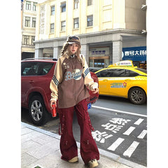 Lunivop Women's Red Cargo Flare Pants Harajuku Streetwear Pants Y2k Retro 2000s 90s Aesthetic Vintage Trousers Fashion Trashy Clothes