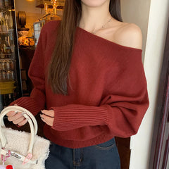 Lunivop Off Shoulder Knit Top for Women Slash Neck Rib-knit Batwing Sleeve Sweater Pullovers Autumn Winter Korean Fashion Outfit