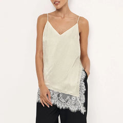 Lunivop V-Neck Lace Trim Satin Cami Top Asymmetric Hem Floral Lace Trim Camisole Summer Chic Elegant Women Feminine Outfit