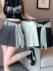 Lunivop Lace Belt Pleated Skirt Women Sweet High Waist Sexy Mini Skirts Korean Fashion Casual Preppy Style Cute A Line Dance Skirt