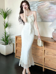 Lunivop White Lace Jacquard Chic Bow Sling Sexy Long Dress Women Luxury Dacne Party Dress Summer Korean Fashion Bodycon Night Dress