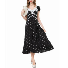 Lunivop Fashion Women Dress Short Sleeve V Neck Lace Patchwork Polka Dot Print Female Party Dresses New Tide
