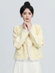 Lunivop Sweet Yellow Tweed Jackets Women Vintage Lace Patchwork Elegant Short Coat French Retro Casual O Neck Long Sleeve Fall Outwear