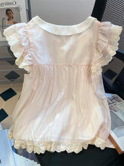 Lunivop Women Cute Striped Shirt Vintage Sweet Lace Bow Flying Sleeve Kawaii Blouse Casual Summer Peter Pan Collar Lady Design Tops