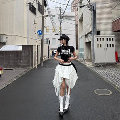 Lunivop Deeptown Korean Style Irregular Skirt Women Vintage Elegant White Ruffle Skirt Lace Patchwork Summer Layered Midi Skirts Street