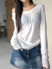 Lunivop Women Long Sleeve T Shirt Thin Perspective Summer Solid Slim Casual Shirts Female Pullovers Basic Tee Y2k Clothes Streetwear Top