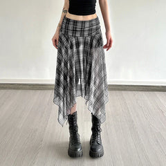 Lunivop Vintage Plaid Midi Skirt Women Y2K Streetwear Irregular Mesh Skirts Summer Gyaru Harajuku Korean High Waist A Line Faldas