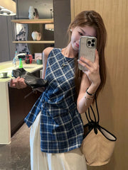 Lunivop Vintage Slit Plaid Tanks Women Casual O Neck Sleeveless Korean Retro Tanks Summer Simple Design Female Elegant Tops New
