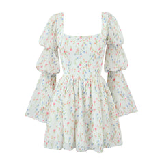 Lunivop Women Square Collar Flower Print Lotus Root Node Full Sleeve Dress Back Zipper A-line Hem Mini Mini Holiday Robe