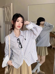 Lunivop Vintage Cute Striped Shirt Women Casual Long Sleeve Sweet Blouse Japan Spring Retro Kawaii Embroidery Female Design Tops