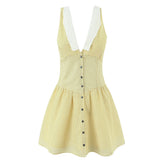 Lunivop Sweet Yellow Polka Dot Print Spliced White Lace V collar Tank Dress Women Open Buttons Low Waist A-line Sleeveless Vestidos Robe