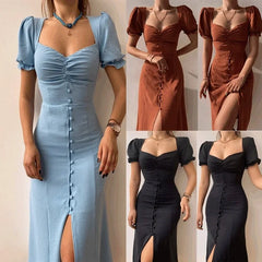 Lunivop Elegant Dresses Women Summer Sexy Dress New V-Neck Single Breasted Short Puff Sleeves Solid High Waist Hem Split Midi Dress