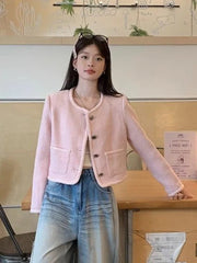 Lunivop Pink Sweet Tweed Jackets Women Vintage O Neck Cute Elegant Long Sleeve Short Coats Retro Casual Single Breasted Pockets Outwear