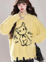 Lunivop Kawaii Hole Sweet Sweaters Women Vintage Faux Mink Cashmere Cartoon Knitted Jumper Preppy Style Cute Japan Lazy Wind Tops