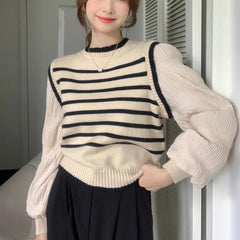 Lunivop Fake Two Piece Sweater Women Contrast Striped Puffed Sleeve Knitted Pullover Jumper Blouse Korean Fashion Top Fall Winter Outfit