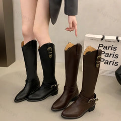 Lunivop Women Mid Heels Knee High Chelsea Long Boots Fashion Metal Buckle Platform Motorcycle Boots Designer Pointed High Knight Boots