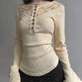Lunivop Elegant Vintage Lace Patchwork O-neck T-shirts Y2k Slim Fit All-match Top for Women 2025 Spring New Long Sleeve Tee Shirt