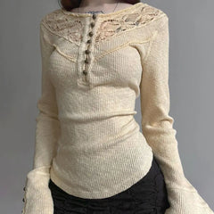 Lunivop Elegant Vintage Lace Patchwork O-neck T-shirts Y2k Slim Fit All-match Top for Women 2025 Spring New Long Sleeve Tee Shirt