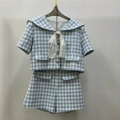 Lunivop Fashion Checkered Print 2 Piece Set Women's Short Sleeve Bow Tops Casual Shorts 2025 Summer New Tide