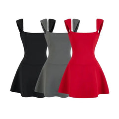 Lunivop Summer Ballet Style Red Slash Collar Short Sleeve Backless Dress Women U Back Low Waist A-lined Swing Mini Dresses Party Robe
