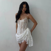 Lunivop Elegant Lace Strapless Sexy See-through Dress Bandage Irregular Mini Dress For Women Summer Slim Street Party Dress