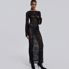 Lunivop Elegant Knitting Ribbed Backless See Through Hollow Out Long Sleeve Women'S Dresses Evening Summer Prom Casual Clothes