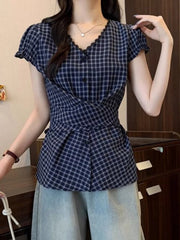 Lunivop Plaid Vintage Blouse Women V Neck Slim Design Back Bandage Shirt Korean Retro Lace Patchwork Casual Summer Bow Sweet Tops