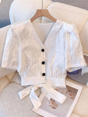 Lunivop Cropped Sexy Slim Satin Shirt Women Vintage Back Bow Lace Up Puffy Sleeve Blouse Korean Fashion V Neck Elegant Short Tops