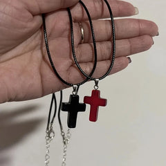 Lunivop Gothic Vintage Red Glass Cross Pendant Black Bead Rope Chain Necklace For Women Men Y2K Aesthetic EMO Grunge Jewelry Accessories