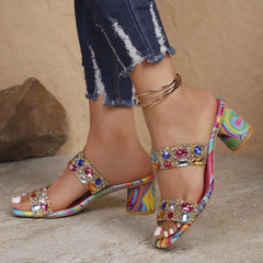 Lunivop Large Size High Heel Slippers Women's Summer New Candy Color Rhinestone Sandals Flat Buckle Slippers PU Leather Rubber Sole