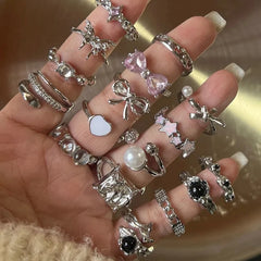 Lunivop Kpop Y2K Cute Goth Bowknot Ring Punk Vintage Heart Irregular Geometry Rings For Women Girls Grunge 2000s EMO Jewelry Accessories