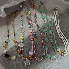 Lunivop Bohemia Candy Color Cute Necklace for Women Star Pendant Beaded Clavicle Chain Necklaces Multicolor Y2K Vacation Accessories