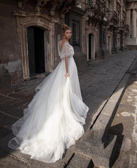 Lunivop Wrap Shoulder A Line Wedding Dresses For Women Sexy Off The Shoulder Bridal Gowns Lace Appliques Tulle Formal Vestidos De Novia