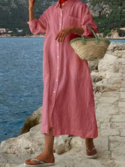 Lunivop New Summer Women's Cotton Linen Shirt Beach Vacation Style Shirt Skirt Flip Collar Pocket Long Sleeve Sun Protection Robe